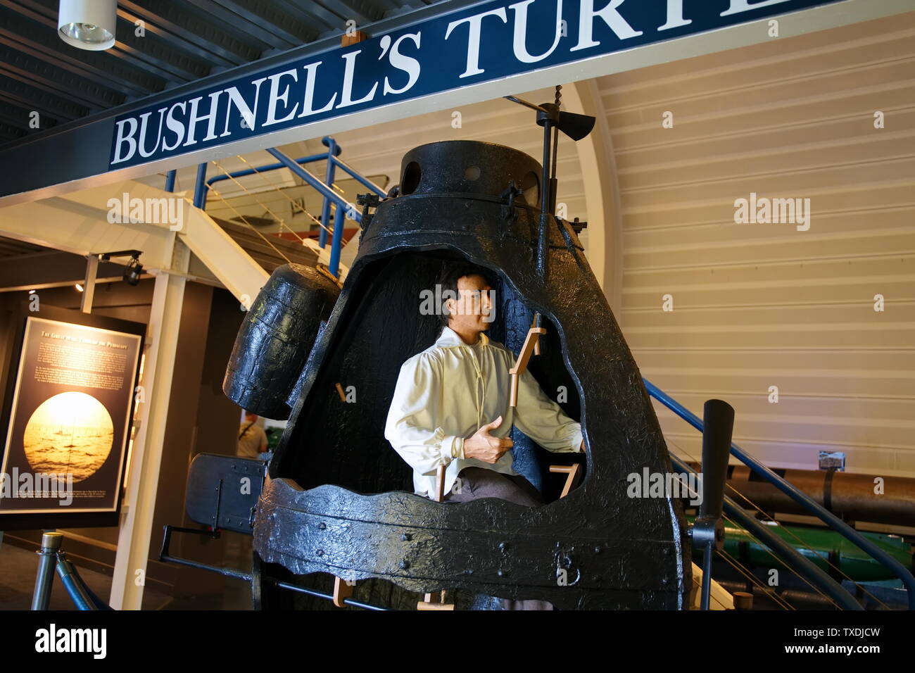 Submarine Force Museum, Groton CT USA, Jun 2019. Inventor David Bushnell`s Turtle marked the beginning of today`s modern submarine. Stock Photo